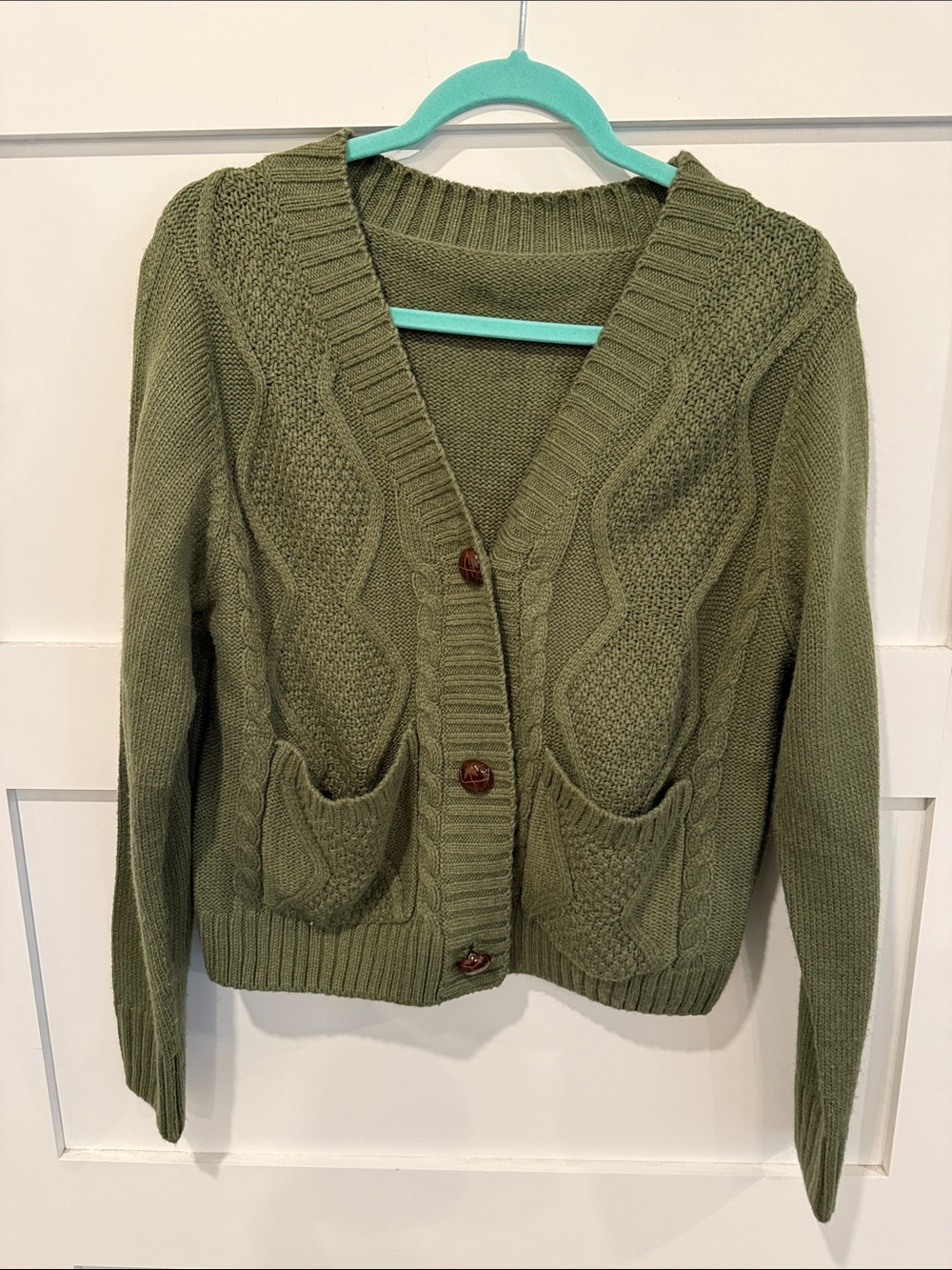 Olive Green Cable Knit Cardigan Sweater - Women